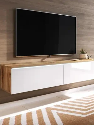 Závěsný televizní stolek Lowboard D 140 cm - dub wotan / bílý lesk Vysoce Kvalitní